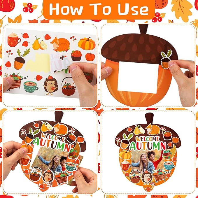 Jetec 48 Packs Fall Picture Frame Craft Kits Fall DIY Photo Frame with Stickers Make Your Own Picture Craft for Thanksgiving Autumn Home Classroom Decor
