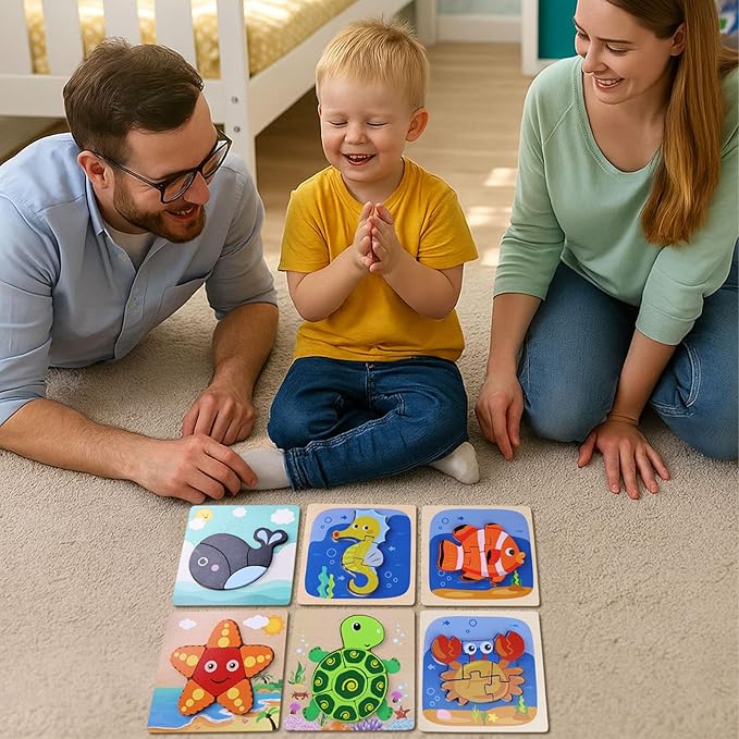 LovesTown Wooden Toddler Puzzles Montessori Sea Animal Jigsaw Puzzle, Educational Preschool Learning Toys for Boys and Girls, Pack of 6