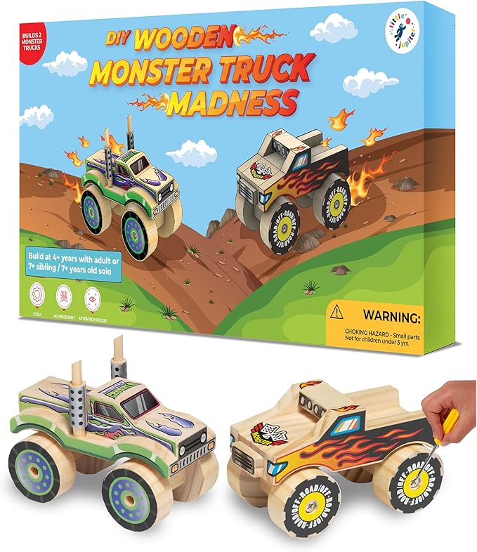 Little Jupiter DIY Wooden Kits w/Stickers - Kids Building Kit - Stem Toys for Ages 4-7 - Wood Crafts for Kids - Woodworking Kits (Monster Truck 1 & 2)