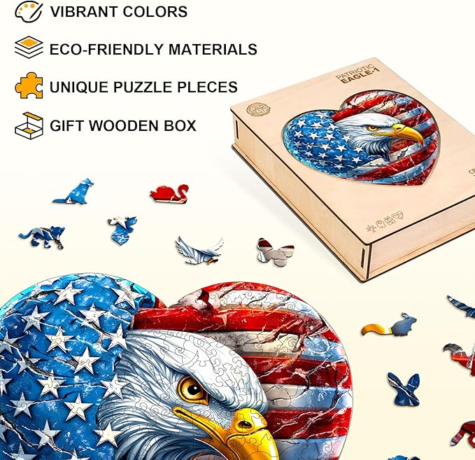Wooden Puzzles for Adults, Patriotic Eagle Wooden Jigsaw Puzzle Unique Shape Animal Wood Puzzles Adult 3D Visual Effect, Birthday Gifts for Puzzle Lovers Family Games (M-11.4 * 10.9in-180pcs)