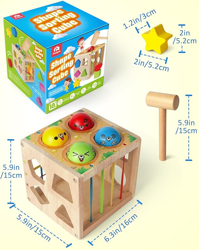 Coogam Wooden Montessori Toys for Toddlers, Shape Sorting Cube Fine Motor Skills Game for Year Old 18 Month+ Baby Boys Girls Gift