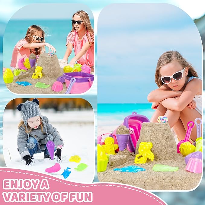 Collapsible Beach Toys Set for Kids Girls Ice Cream Sand Toys Set with Bucket & Shovels Set & Sand Molds and Mesh Bag, Travel Sandbox Toys for Toddlers Age 3-10