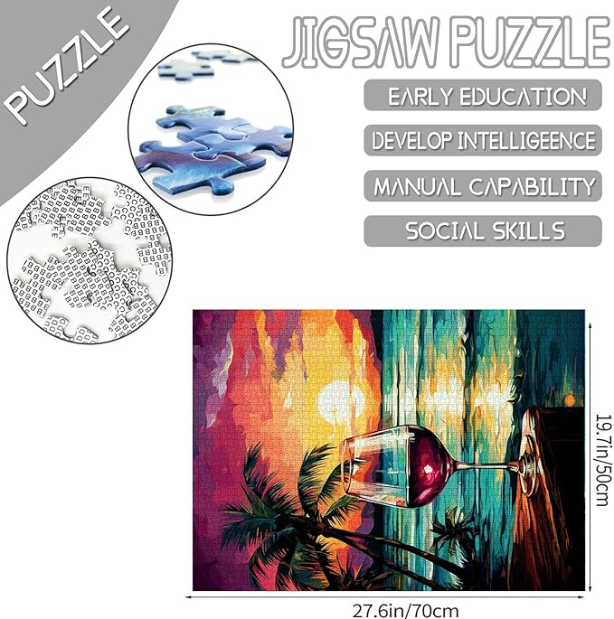 Landscape 1000 Piece Jigsaw Puzzles for Adults Red Wine Cup Painting Jigsaw Puzzle Tropical Seascape at Sunset 1000 Pieces Puzzles Game Home Wall Decor DIY Craft Green Coconut Tree Puzzle Art(Red)