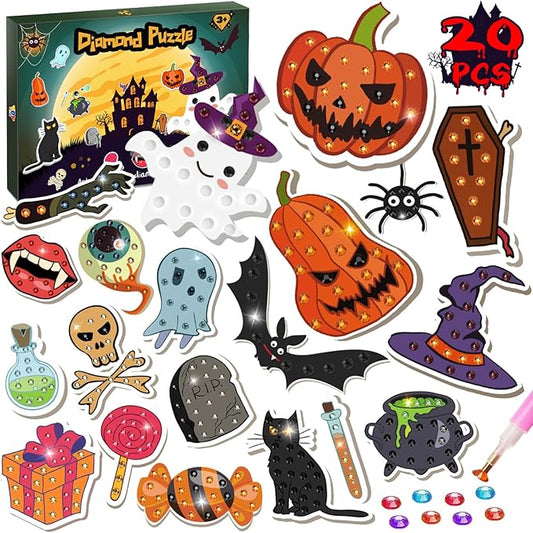 TOY Life Diamond Painting Kit 20PCS Gem Art Stickers for Kids, Halloween Fun Toys Pumpkin Ghost Witch Hat Crafts for Girls 8-12, Diamond Art Kits for Kids Birthday Gift Ideas