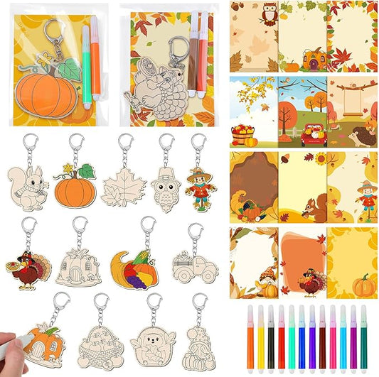 24 Sets Fall Thanksgiving Party Favors Autumn Unfinished Wooden Keychains Gifts Coloring Turkey Pumpkin Fall Leaves Scarecrow DIY Home Crafts for Thanksgiving Party Holiday Activities