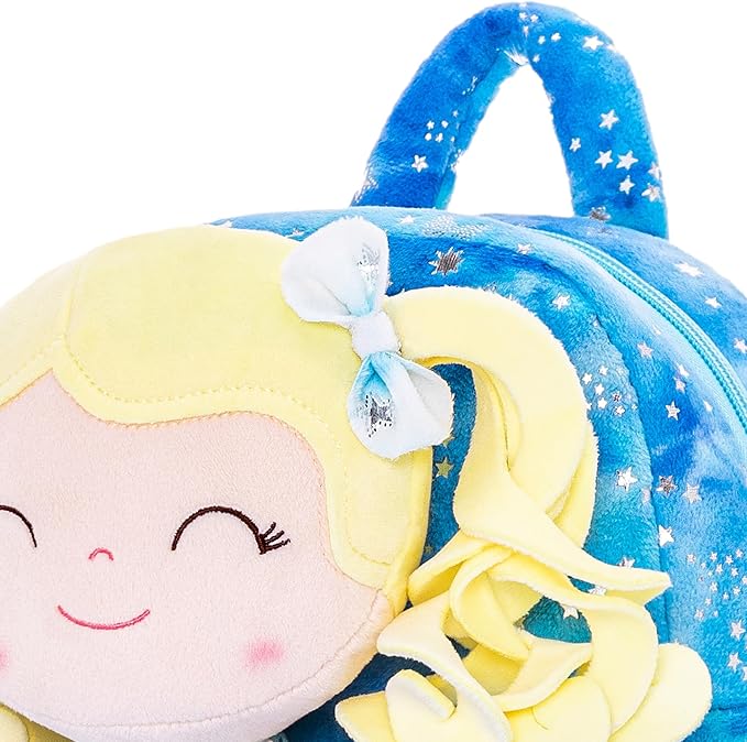 Gloveleya Toddler Backpack Baby Girl Gifts Plush Curly Girl Doll Backpacks Blue Dress with Glitter Stars 9 inches