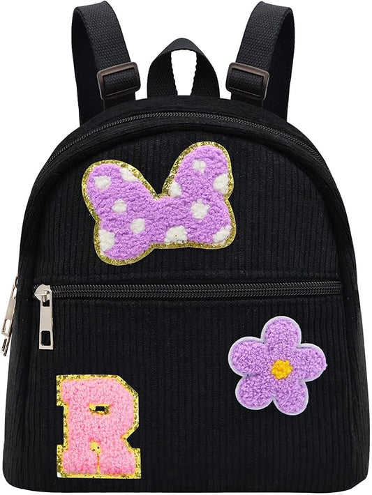 2 3 4 5 6 Year Old Girl Gifts Chenille Initial Mouse Bow Mini Backpack, Corduroy Toddler Backpacks Christmas Birthday Gifts for Girls 2-4 5-6, Black Mini Diaper Bag Must Haves for Park Travel Letter R