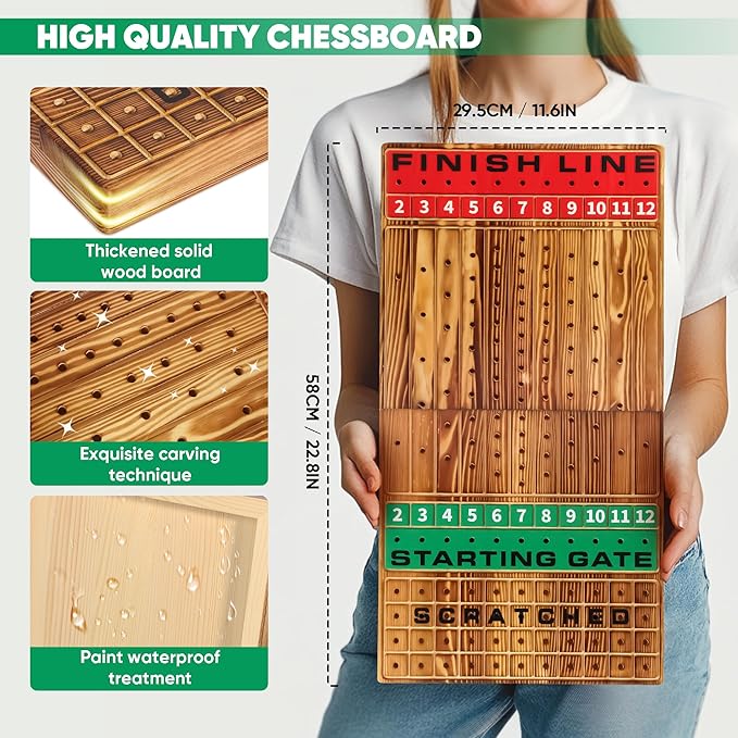 Large 22.8 inches Foldable Horse Race Board Game for Adults, Thickened Solid Wood with 11 Luxurious Durable Classic Metal Horses, 143 Chips, 2 Dice, 2 Boxes of Cards