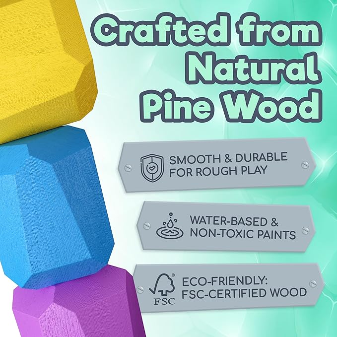 Wooden Stacking Blocks โ Montessori Toys for 1 2 3 4 5 6 Year Old Toddlers and Kids, No Choking Hazard โ Building Rocks Stones Games, for Girls and Boys