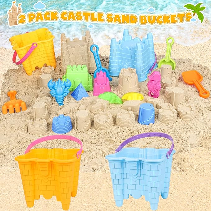 Beach Toys for Toddlers, Sand Castle Toys with 2 Sand Bucket, 2 Mesh Bag, 4 Shovels & Molds, Travel Sand Toys for Beach Sandbox Toys for Toddlers Kids Baby Boys Girls Age 3-10