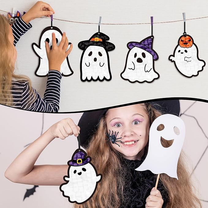Tinlade 32 Set Halloween Suncatcher Crafts Kit Ghost Suncatcher Paper Crafts with Tissue Paper DIY Window Stained Glass Effect Hanging Ornaments for Halloween Boo DIY Activities Party Favors