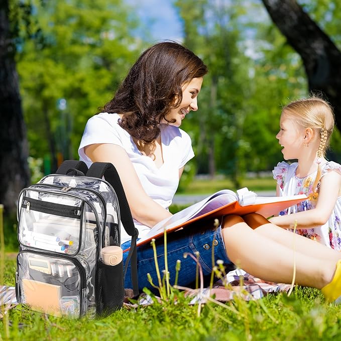 Lightweight Clear Bookbag for School or Stadium Events - Black Transparent Plastic See-Through Backpack Black