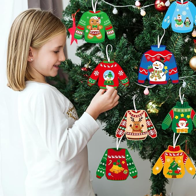 EZdhuawuse Christmas Ugly Sweaters Craft Kits - 123P Christmas Sweaters DIY Sticker Ornaments for Kids, Make Your Own Xmas Clothes Paper Crafts, DIY Hanging Ornaments Kits for School Home Activities