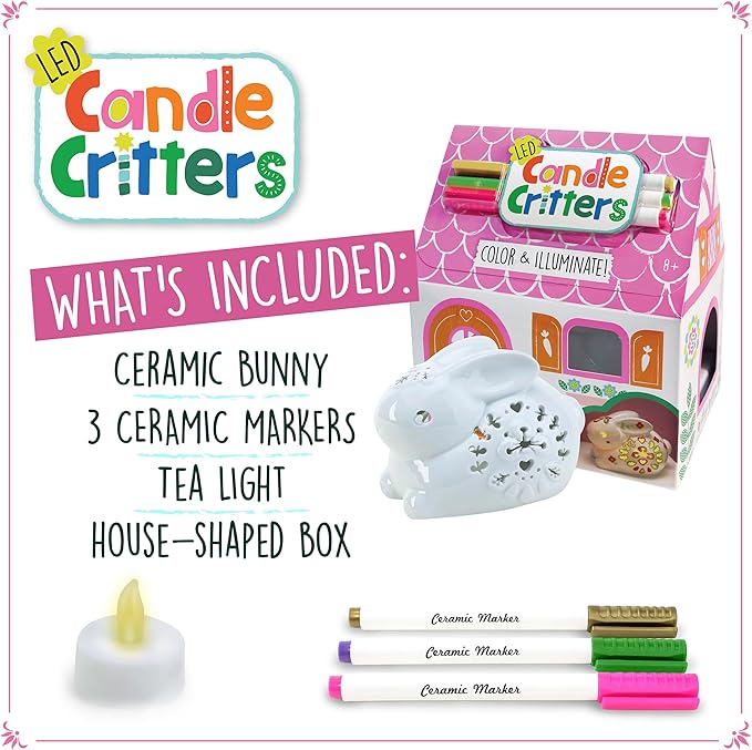 Bright Stripes LED Candle Critters|Color Your Own Ceramic Bunny|Age 6+|DIY Creative Kids Set|Includes 3 Ceramic Markers,LED Candle Light,House Shaped Box & Instruction|Perfect for Kids Birthday Gift