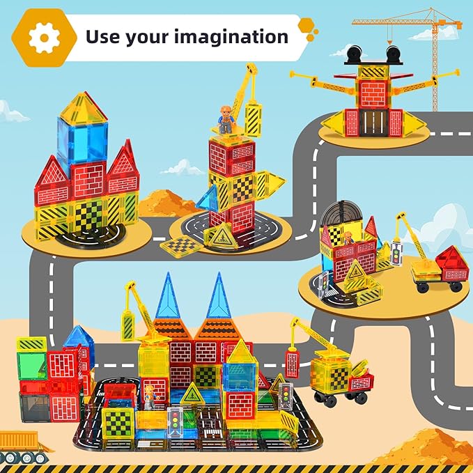 Magnetic Tiles Road Set - City Construction Building Toys, Magnetic Blocks with Extendable Crane and Car,Kids Toys for Boys & Girls Ages 3+, Creative Kids Games Gifts