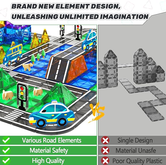 Magnetic Tiles Road Set, Magnetic Building Blocks for Toddlers, STEM Construction Toys for Kids Ages 3+, Gifts Toys for Boys & Girls - 38 PCS