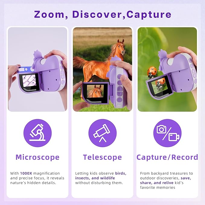 Dino Microscope for Kids, 1000x Portable Digital Microscope Camera with 2" Screen, Educational Science Kit Birthday Gifts for Kid Age 4-12, 32GB TF Card Included