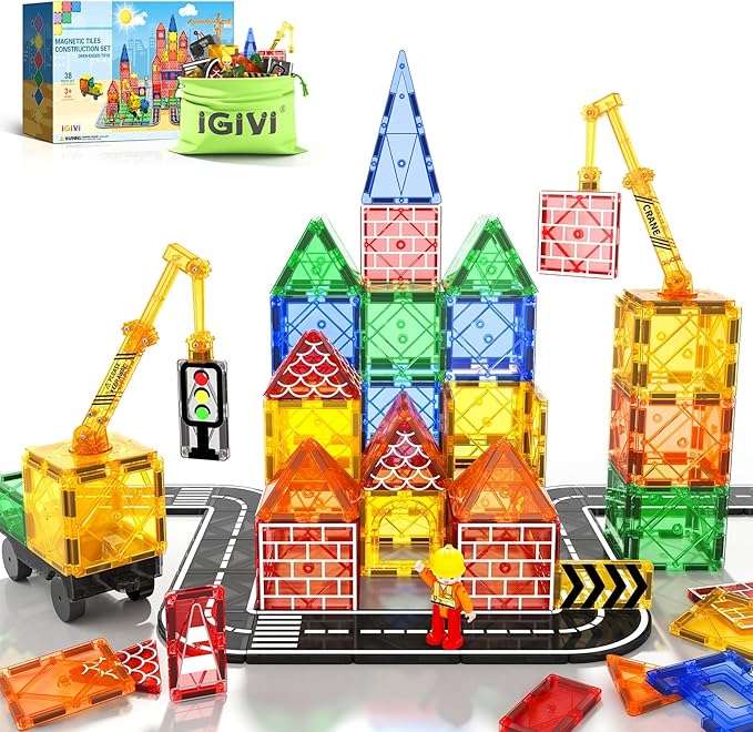 Magnetic Tiles Road Set with Magnet Crane Car, Construction Toys for Kids Ages 3-5 4-8 5-7, Creative Magnetic Building Blocks Toddler Toys, Gifts for 3+ Year Old Boys & Girls