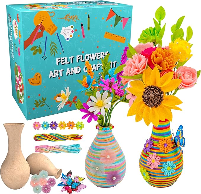 FTBox Crafts Kit for Girls Ages 6-12, Felt Flowers Bouquet and Art Craft Project for Girls, DIY Activity Christmas Birthday Gift for Kids Age 6 7 8 9 10 11 12 Year Old (Wood Vases)