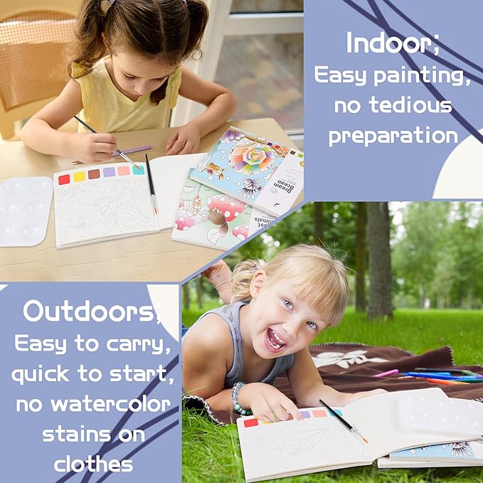 3 Pack Watercolor Coloring Books for Kids Watercolor Paint Book water color paint sets for kids coloring books for kids ages 4-8 Water Colors Paint Kids Pocket Hand Book Stocking Goodie Bag