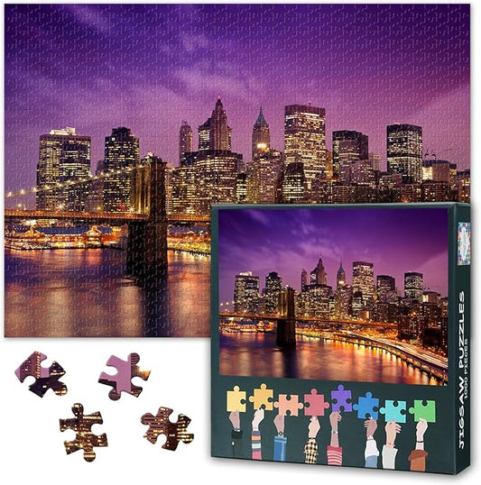 1000 Piece Puzzle for Adults New York City - Jigsaw Puzzles 1000 Pieces, Hard Difficult Challenging Puzzle Brooklyn Bridge Nightscape (27.5"x19.7"), Family Game Night Gift & Home Decor
