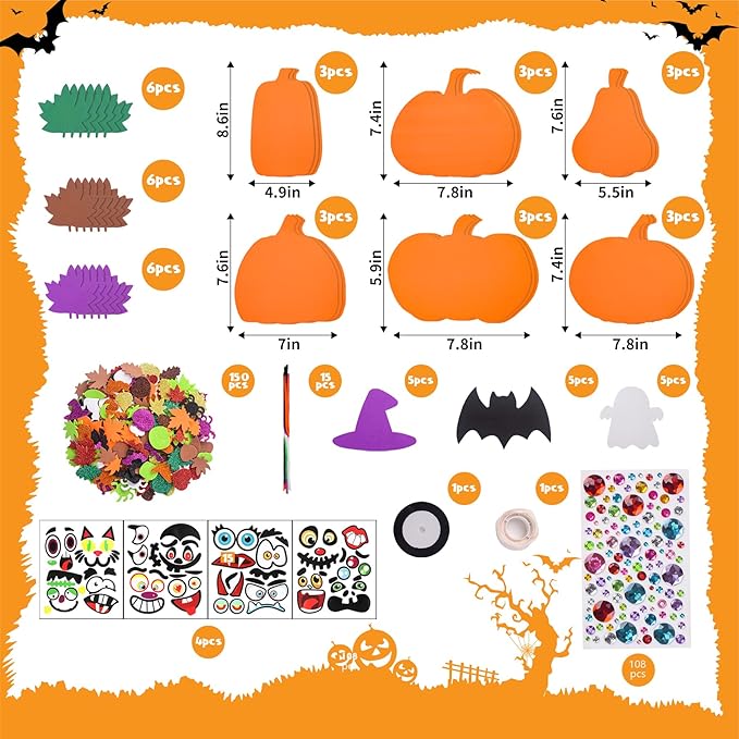 33Sets Halloween Fall Pumpkin Foam Craft DIY Kit with Ghost Spider Bat,Witch Crafts Gifts for Kid,Kids Halloween Party Favors Pumpkin Decoration Supplies Lantern Art Project Classroom Activity