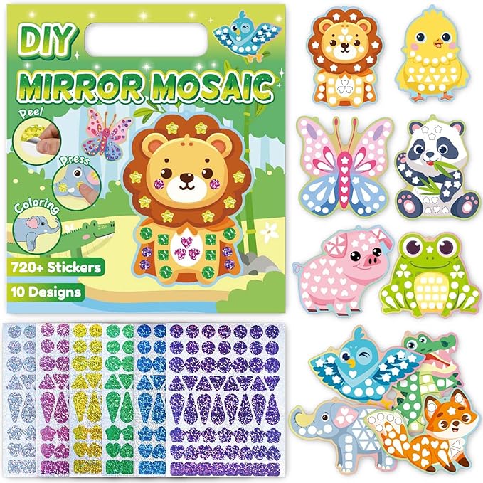 iGetooy 10 Sets DIY Mosaic Stickers for Kids, Animal Art Craft Kit with 720+ Stickers, Travel Toys for Kids, Birthday Gifts for Girls and Boys 3-8 Year Olds