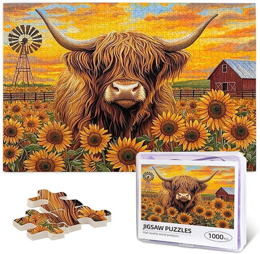 Beautiful Sunflower Highland Cow Jigsaw Puzzle 500 Piece for Adult, Sunflower Jigsaw Puzzles Flowers Puzzle Nature Animal Flower Painting Jigsaw Puzzles Birthday Gifts for Adults and Family Game