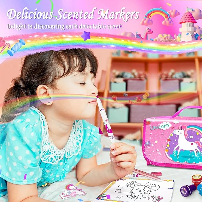 weirtoya 56 PCS Washable Scented Markers Set with Glitter Pencil Case, Mermaid Unicorn Arts and Crafts for kids 4-6-8 Kids Coloring Drawing Kits for 4-8 Years Old Girls Birthday Gifts