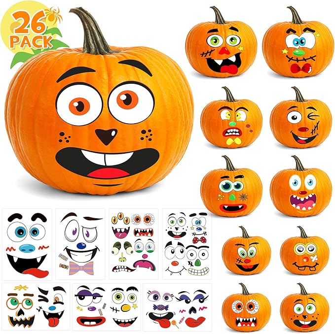 BainGsek 26 Pack Halloween Decoration Stickers, 56 Fun and Classic Pumpkin Face Stickers, Pumpkin Painting Craft Kit, Halloween Party Gift to Kids Decorations to Make Jack O Lantern Face Decal
