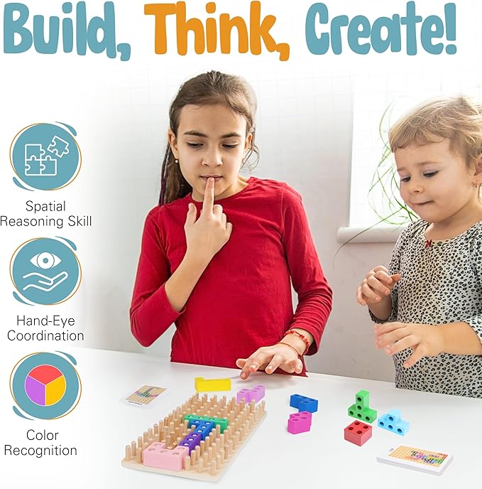 Zen Fun Montessori Animal Block Puzzle for Spatial Intelligence, Montessori Puzzle for Kids 4+, Wooden peg Puzzles Pentomino Peg Puzzle with 60 Different Design Cards to Recreate!