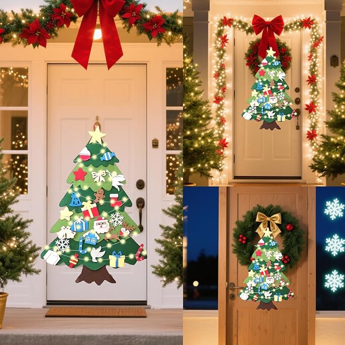 Felt Christmas Tree for Toddlers, Christmas Tree Felt with Lights, Ideal DIY Felt Christmas Tree Set, Decorations Christmas Wall Hanging, Kids Gifts Party Supplies