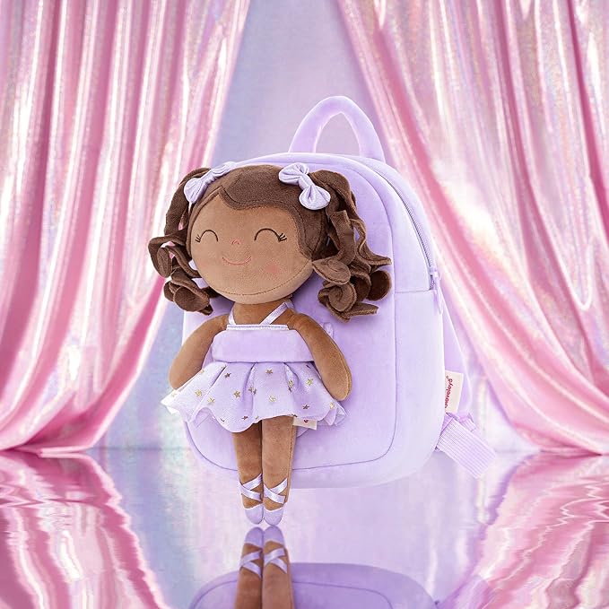 Gloveleya Toddler Backpack Baby Ballerina Girl Gifts Plush Curly Hair Ballet Backpack - Black Purple 9 inches