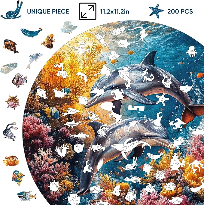 Wooden Puzzles for Adults, Dolphin Wooden Jigsaw Puzzles 200 Pieces,11.2 in Unique Shape Ocean Puzzle, Irregular Puzzle Creative for Adults and Kids Family Games