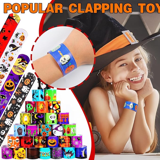 LUYI 144 PCS Halloween Slap Bracelets,Halloween Party Favors Supplies for Kids-108 Different Designs Bracelets Bulk for Halloween Decorations Treat Toys Bag Stuffers Gift for Kids Girls Boys