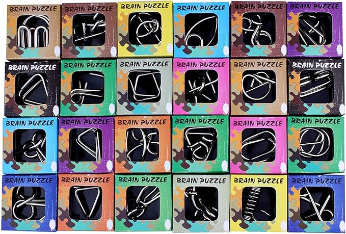 AHYUAN 24 Pack Metal Brain Teaser Puzzles IQ Wire Metal Puzzles with Paper Box Gift Package Fidget Toys Educational Puzzle Games Toys Magic Trick Toy Party Favors for Kids Adults Challenge