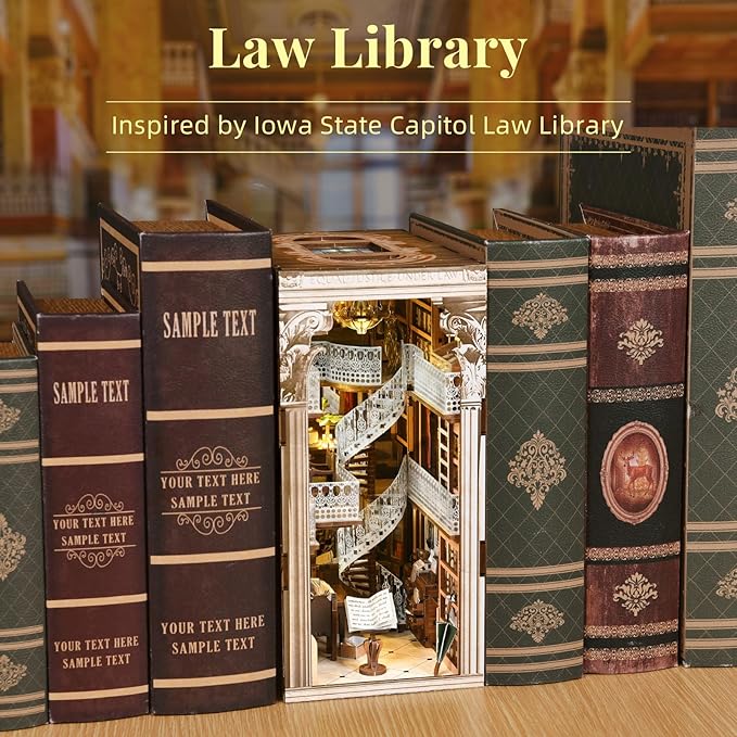 DIY Book Nook Kit for Adults, 3D Wooden Puzzle Bookend Bookshelf Insert Decor with LED Light and Dust Cover (Law Library)