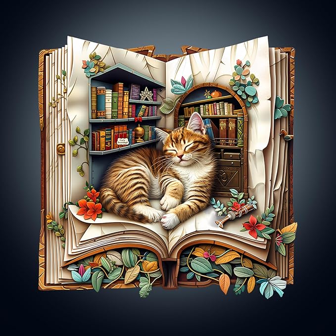Wooden Puzzles for Adults, Cat in The Book Wooden Jigsaw Puzzle for Adults, Unique Shape Wood Puzzles Adult, Book Lovers Gifts for Teens, Wall Art Home Decor(L-12.6 * 12.4in- 270 Pieces)