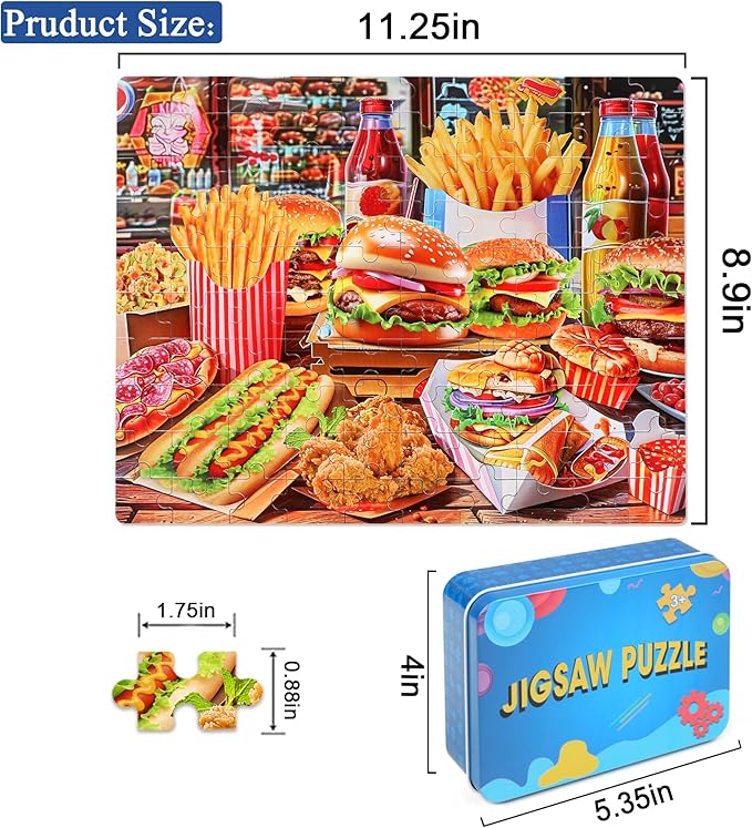 LELEMON Hamburger Jigsaw Puzzles in a Metal Box 100 Pieces Hamburger Fried Chicken French Fries Jigsaw Puzzle for Kids Ages 4-8 Children Learning Educational Puzzles Toys