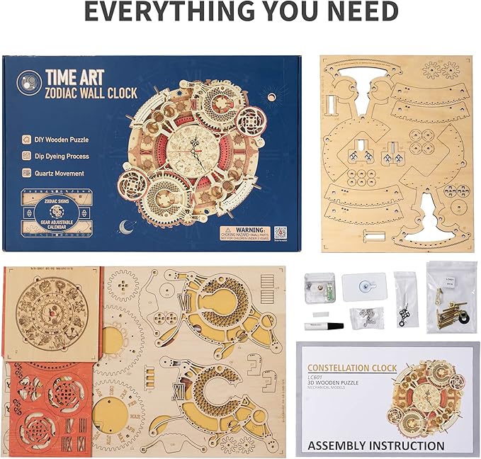 ROKR 3D Wooden Puzzles for Adults-Wooden Clock Puzzle Kit-Wood Model Kits to Build for Adults-Zodiac Wall Clock