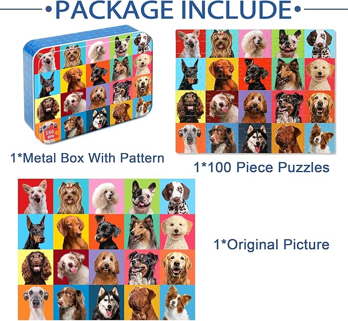 LELEMON Puzzles for Kids Ages 4-6,Dog Puzzle 100 Piece Puzzles for Kids Ages 4-8 in a Metal Box, Educational Kids Puzzles Jigsaw Puzzles 100 Piece Puzzle Games Puzzle Toys for Girls and Boys