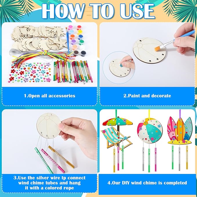 JellyArch 30 Pack Summer Wind Chime Making Kit for Kids, Summer Watermelon Coconut Beach Gnome DIY Wind Chime Wooden Crafts Kit Ornaments for Girls and Boys Activity Birthday Outdoor Decoration
