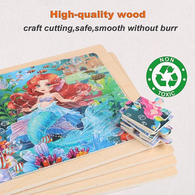 Wooden Puzzles for Kids Ages 4-6, 4 Packs 24 PCs Unicorn Mermaid Princess Fairy Jigsaw Puzzles, Preschool Educational Brain Teaser Toys for Girls 3 4 5 6 Years Old