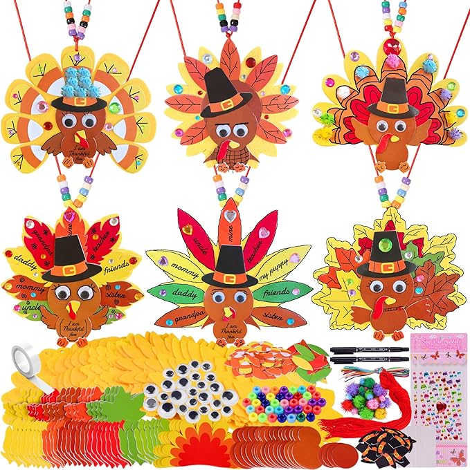 24 Sets Thanksgiving Turkey Ornaments Decorations Art Sets DIY Thanksgiving Craft Kits Fall Crafts Autumn Leaf Pumpkin Turkey Foam Stickers Arts and Crafts for Kids Party Classroom Activities