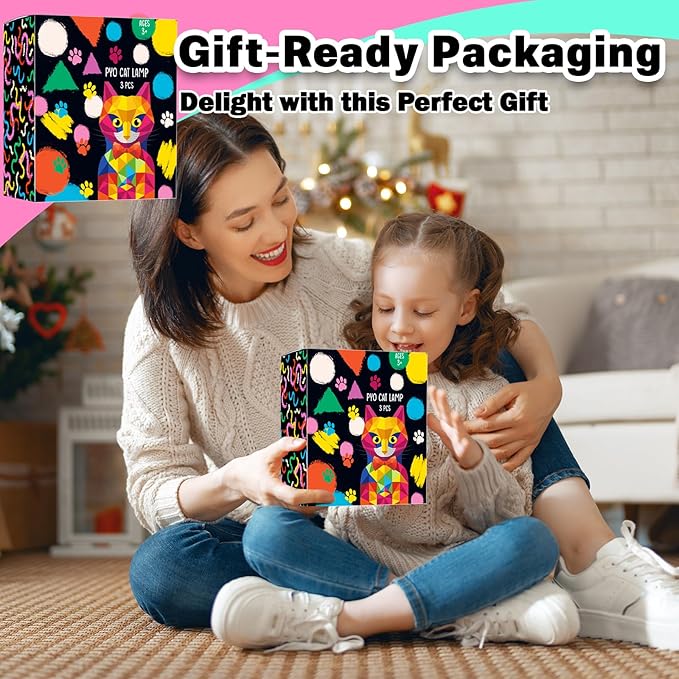 FUNZBO 3pcs Paint Your Own Cat Lamp Kit - Arts and Crafts Supplies Kitten Painting Kits for Kids Teens Adults, DIY Night Light Toy for Toddlers Girl Boy Ages 3 4 5 6 7 8 9 10 11 12 13 + Birthday Gifts