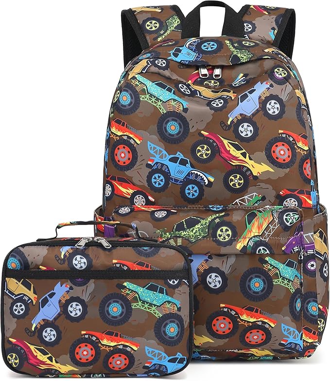 LEDAOU Kids School Backpack with Lunch Box for Boy Kindergarten BookBag School Bag Preschool Kindergarten Toddler Backpack (Off-road Vehicle Brown)