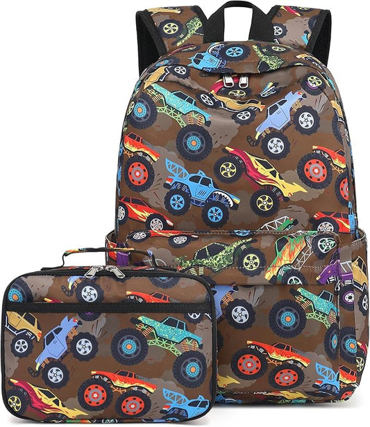 LEDAOU Kids School Backpack with Lunch Box for Boy Kindergarten BookBag School Bag Preschool Kindergarten Toddler Backpack (Off-road Vehicle Brown)