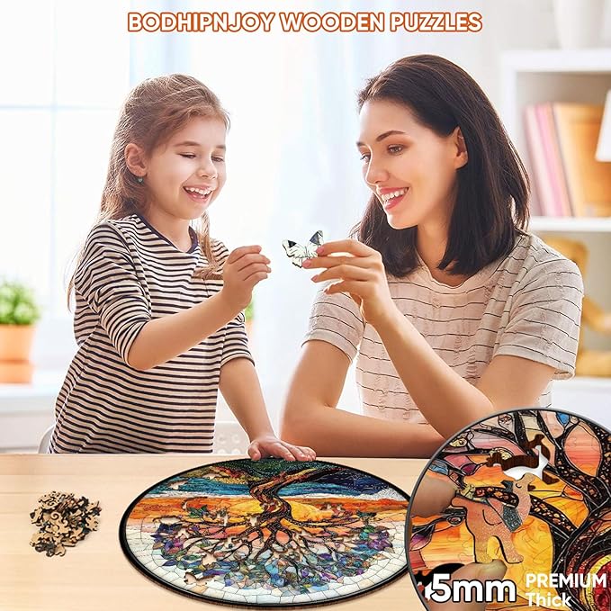 Wooden Puzzles for Adults, Stained Glass Puzzles Tree of Life 200 Piece,5MM Thickness, Tree Jigsaw Puzzles, Irregular Wood Creative for Adults and Kids Family Games