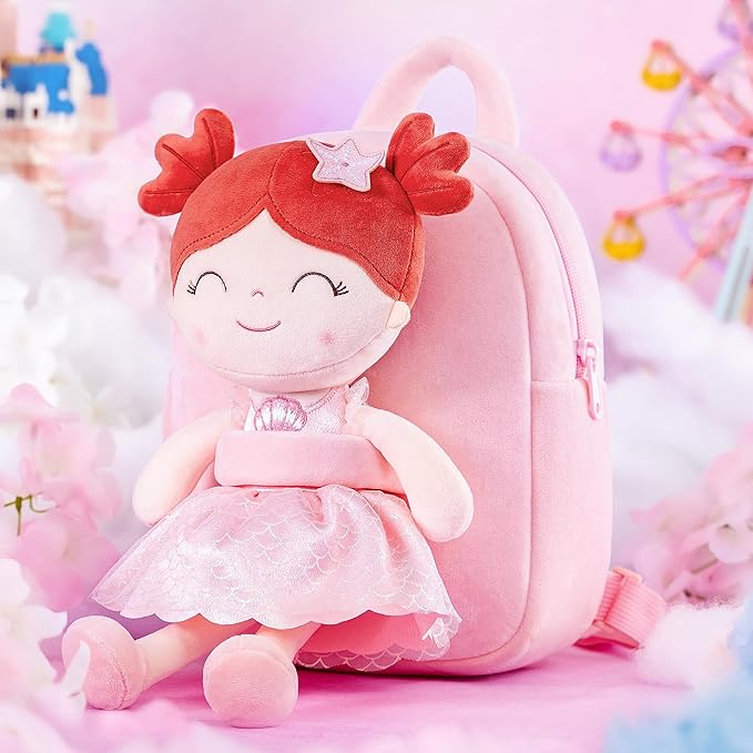 Gloveleya Back to School Gifts for Girls Toddler Backpack for Girls Kids Backpacks Soft Girl Toys Plush Baby Girl Gifts with Plush Princess Mermaid Qearl Doll Red 9"