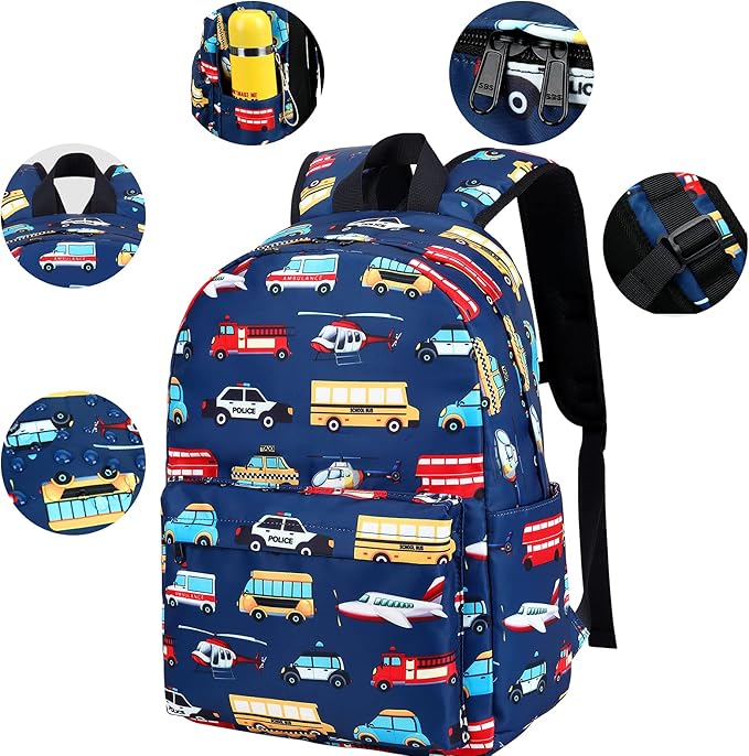 Kids School Backpack with Lunch Box for Boy Kindergarten BookBag School Bag Preschool Kindergarten Toddler Backpack (Car Airplane Pattern-Navy)
